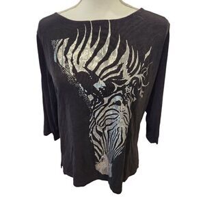 Vintage 80s Black Silver Metallic Zebra Flowy Blouse Shirt Top M USA